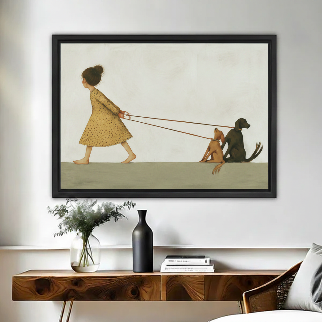 Minimalist girl in yellow dress walking two dogs framed canvas print hung above console in cozy bedroom