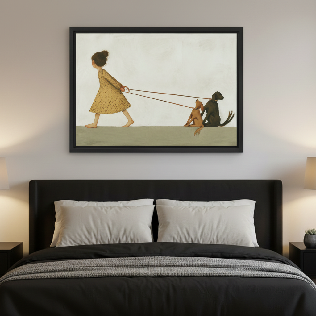 Minimalist girl walking two dogs canvas wall art displayed in stylish neutral entryway home decor