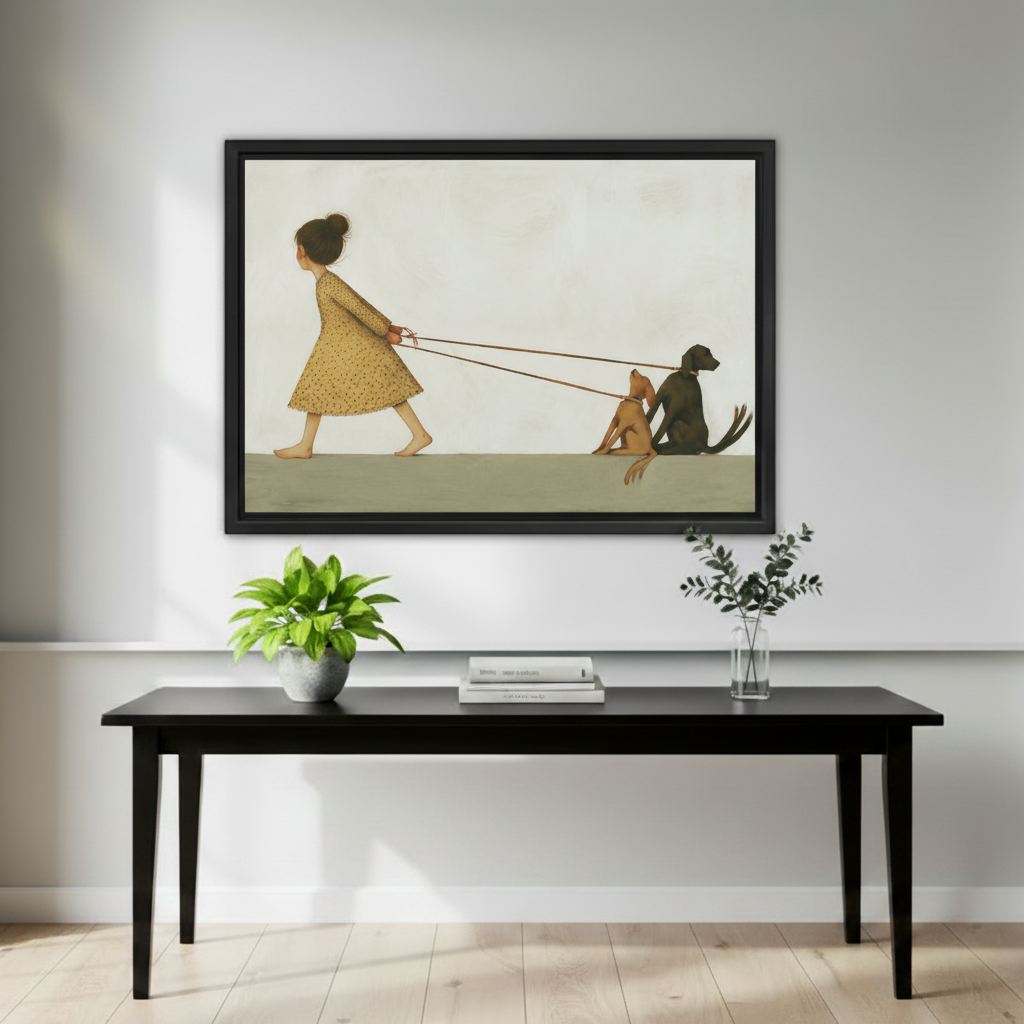 Poetic minimalist girl and dogs illustration framed canvas print above sofa in warm Scandinavian living room