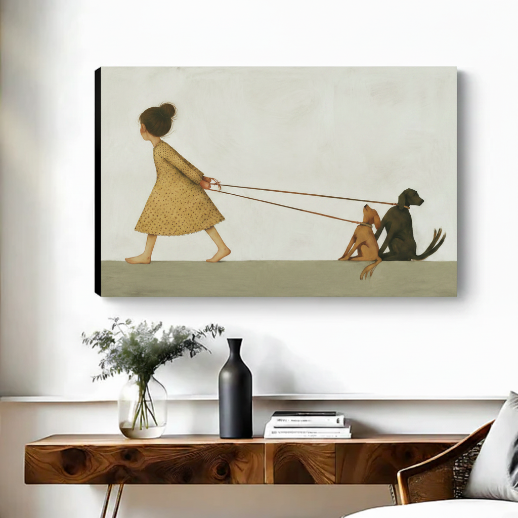Girl walking two dogs illustration gallery wrap canvas art displayed above wooden console in living room