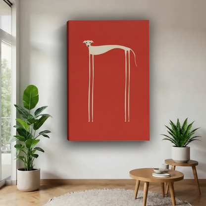 Minimalist greyhound red gallery wrap canvas, frameless with painted edges, white wall with tropical plants