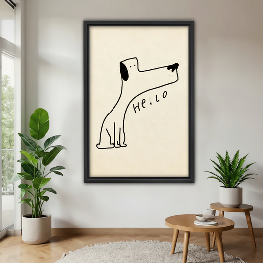Minimalist hello dog black framed canvas wall art hanging on white wall with fiddle leaf fig and fern