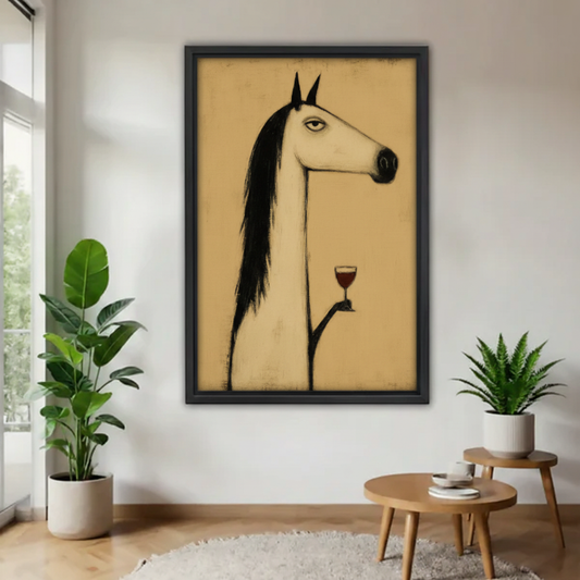  Minimalist sketch white horse holding red wine glass framed wall art on white wall between plants, quirky elegant animal canvas for living room