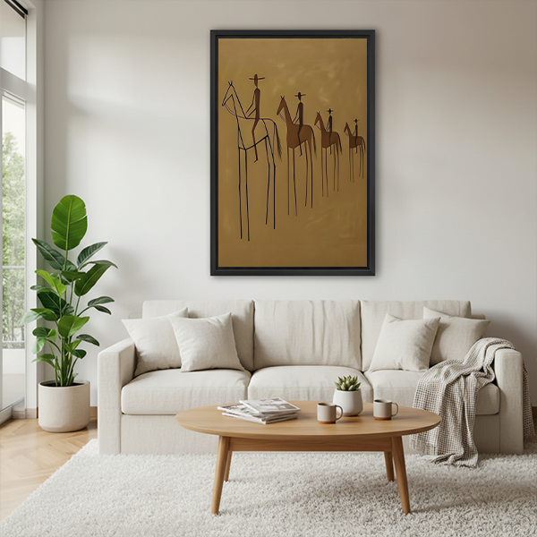 Framed minimalist line art horse riders wall art displayed between plants in a modern sitting area
