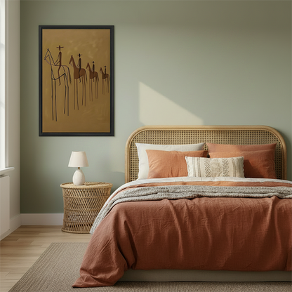 Framed minimalist line art horse riders canvas wall art hanging above a warm-toned bedroom