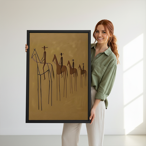 Framed minimalist line art horse riders canvas wall art above a neutral living room sofa