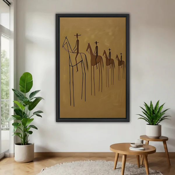Minimalist line art horse riders canvas wall art displayed beside green plants in a bright living room