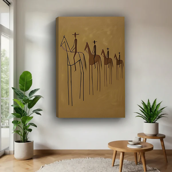 Woman holding framed minimalist line art horse riders wall art in a sunlit room