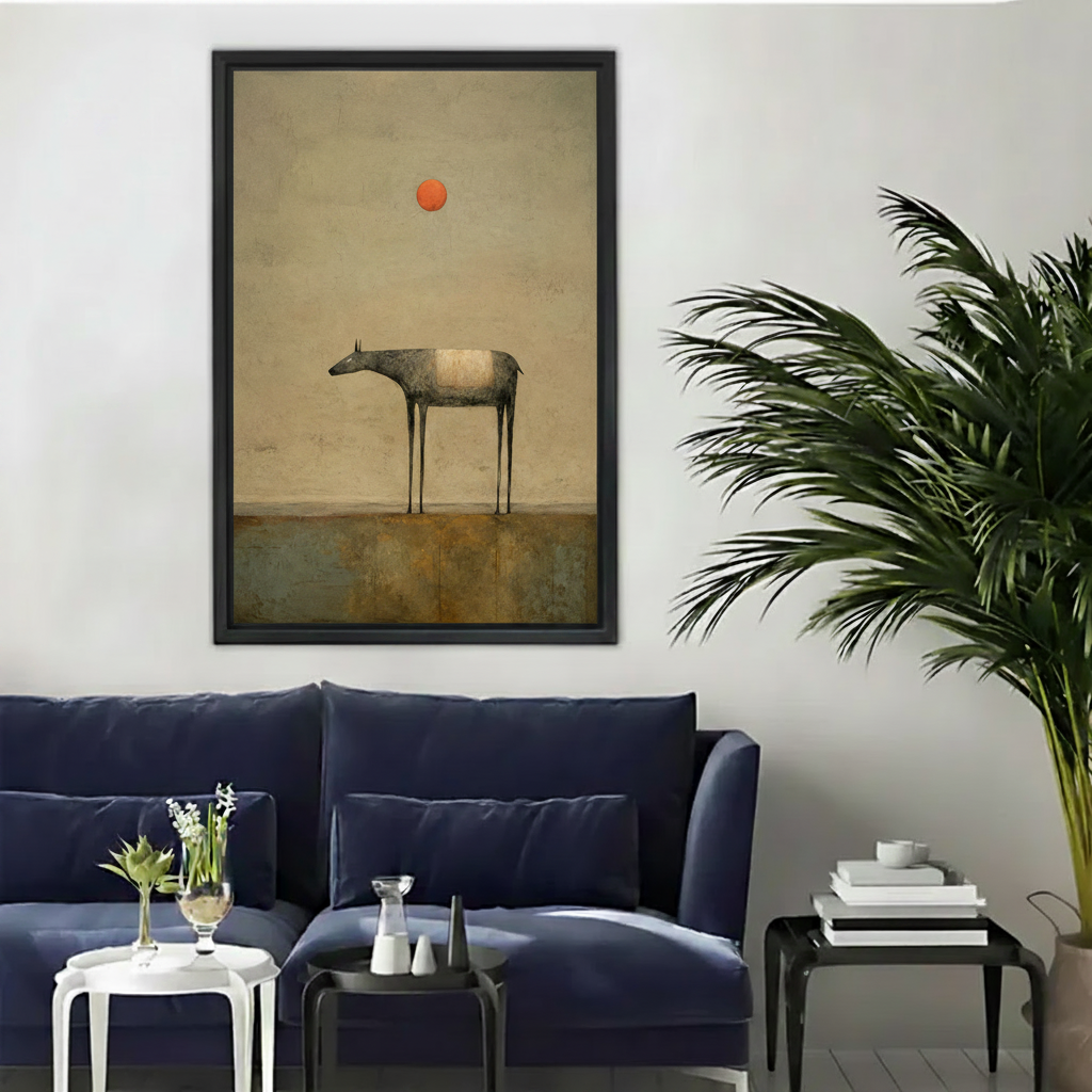 Minimalist lone deer framed canvas wall art in black frame hanging above navy blue sofa in living room