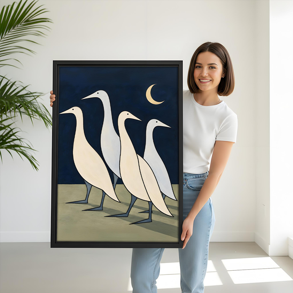 Minimalist moonlit geese canvas wall art displayed gallery-wrap above a modern dining table.