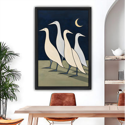 Minimalist moonlit geese canvas wall art framed above a light sofa in a modern living room.
