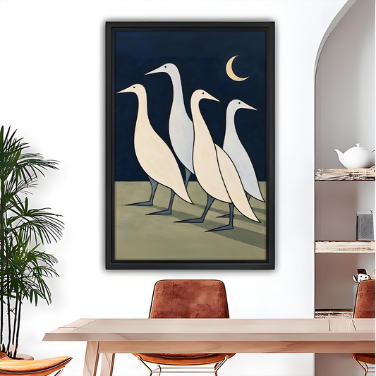 Minimalist moonlit geese canvas wall art framed above a light sofa in a modern living room.