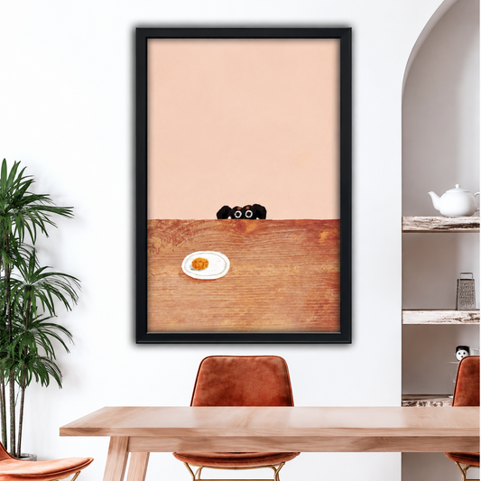 Minimalist peeking black dog fried egg blush peach black framed canvas wall art on white wall above light wood dining table with brown leather chairs and white teapot shelf