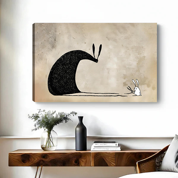 Framed minimalist giant rabbit and small bunny canvas wall art displayed above a bed in a modern bedroom