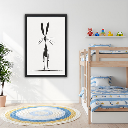 Black-framed rabbit canvas wall art above a gray sofa with blue cushions in a bright living room.