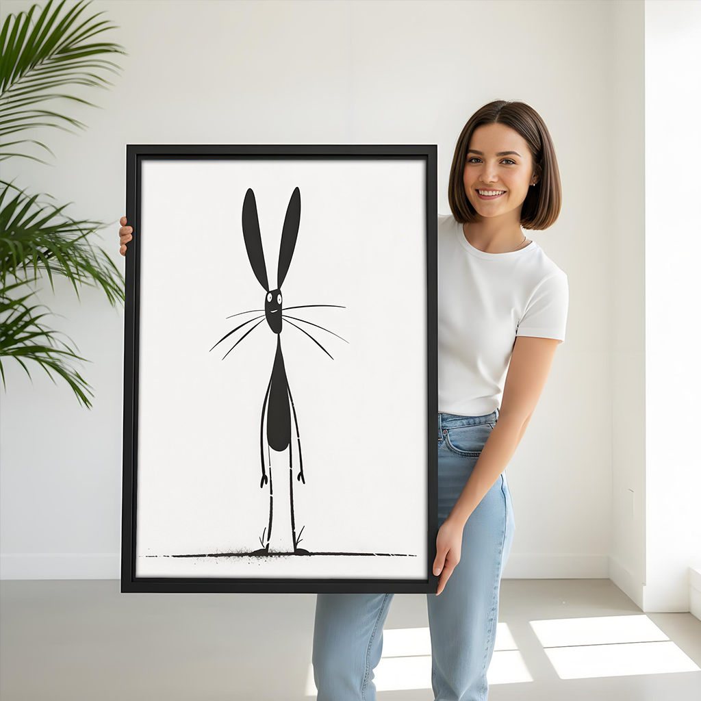Unframed minimalist rabbit canvas wall art displayed above a dining table beside a leafy indoor plant.