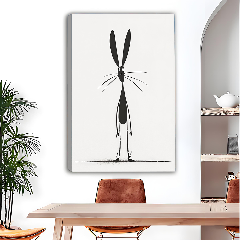 Woman holding black-framed minimalist rabbit canvas wall art featuring long ears and delicate whiskers on white.