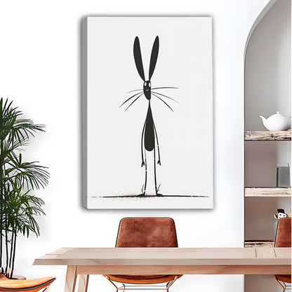 Woman holding black-framed minimalist rabbit canvas wall art featuring long ears and delicate whiskers on white.