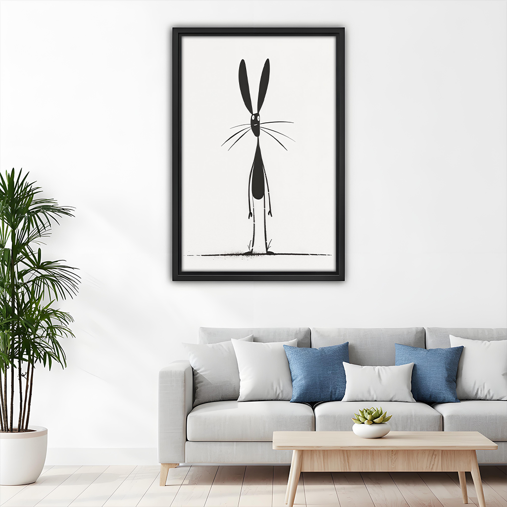 Minimalist rabbit canvas wall art in a black frame beside wooden bunk beds in a child's room.