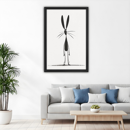 Minimalist rabbit canvas wall art in a black frame beside wooden bunk beds in a child's room.