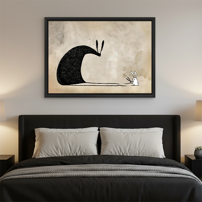 Framed minimalist giant rabbit and small bunny canvas wall art displayed above a console in a bright room