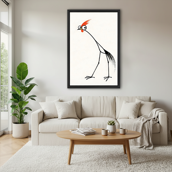 Framed minimalist red-crested rooster canvas wall art displayed above a neutral living room sofa