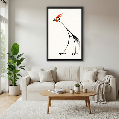 Framed minimalist red-crested rooster canvas wall art displayed above a neutral living room sofa
