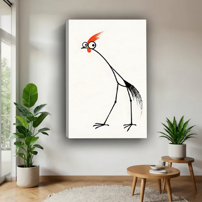 Framed minimalist red-crested rooster canvas wall art displayed above a warm-toned bedroom bed