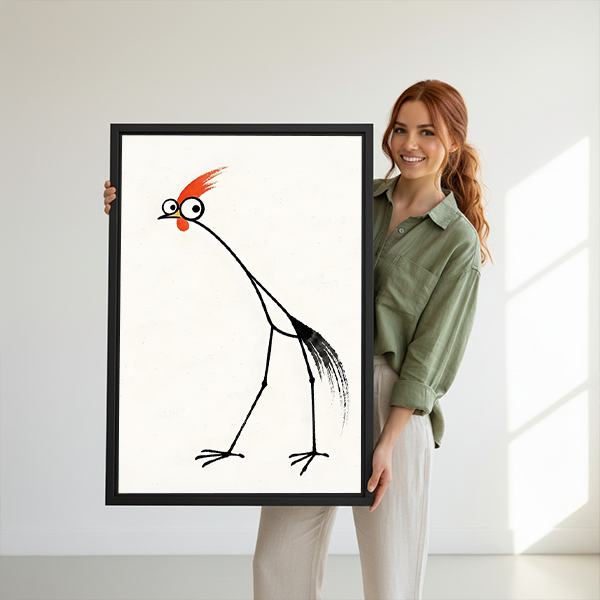 Woman holding framed minimalist red-crested rooster canvas wall art with a bright red crest