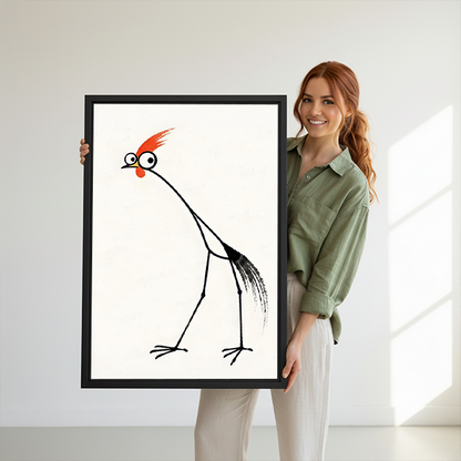 Woman holding framed minimalist red-crested rooster canvas wall art with a bright red crest