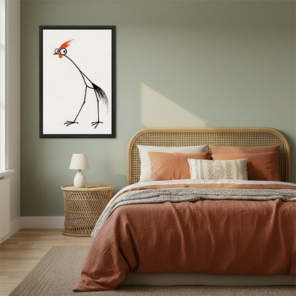 Framed minimalist red-crested rooster canvas wall art displayed between green plants in a modern living room