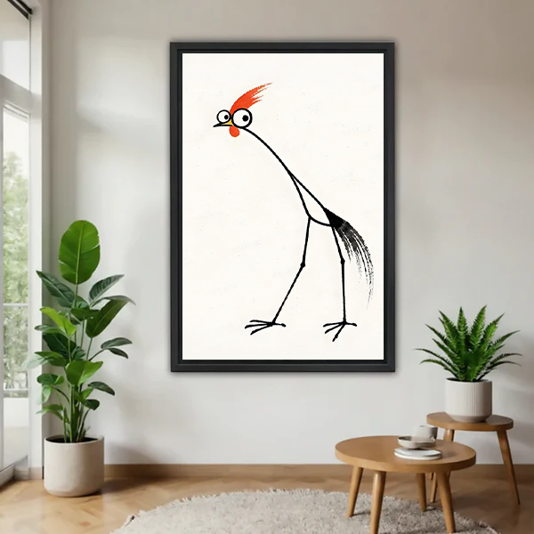 Gallery-wrap minimalist red-crested rooster canvas wall art displayed beside green plants in a bright living room