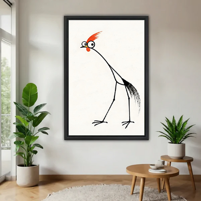 Gallery-wrap minimalist red-crested rooster canvas wall art displayed beside green plants in a bright living room