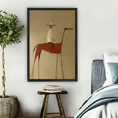 Framed minimalist horse and rider canvas art in terracotta and ochre tones, styled above a wooden stool in a warm bedroom setting