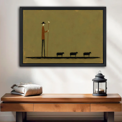 Minimalist shepherd and sheep canvas wall art in black frame hung above a wooden entryway console table with lantern decor