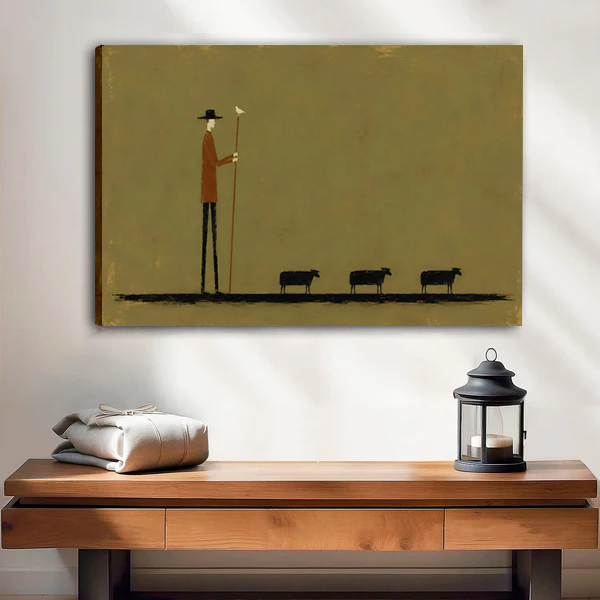 Gallery wrap canvas print of minimalist shepherd with three sheep in olive tones, displayed above a rustic wooden console table