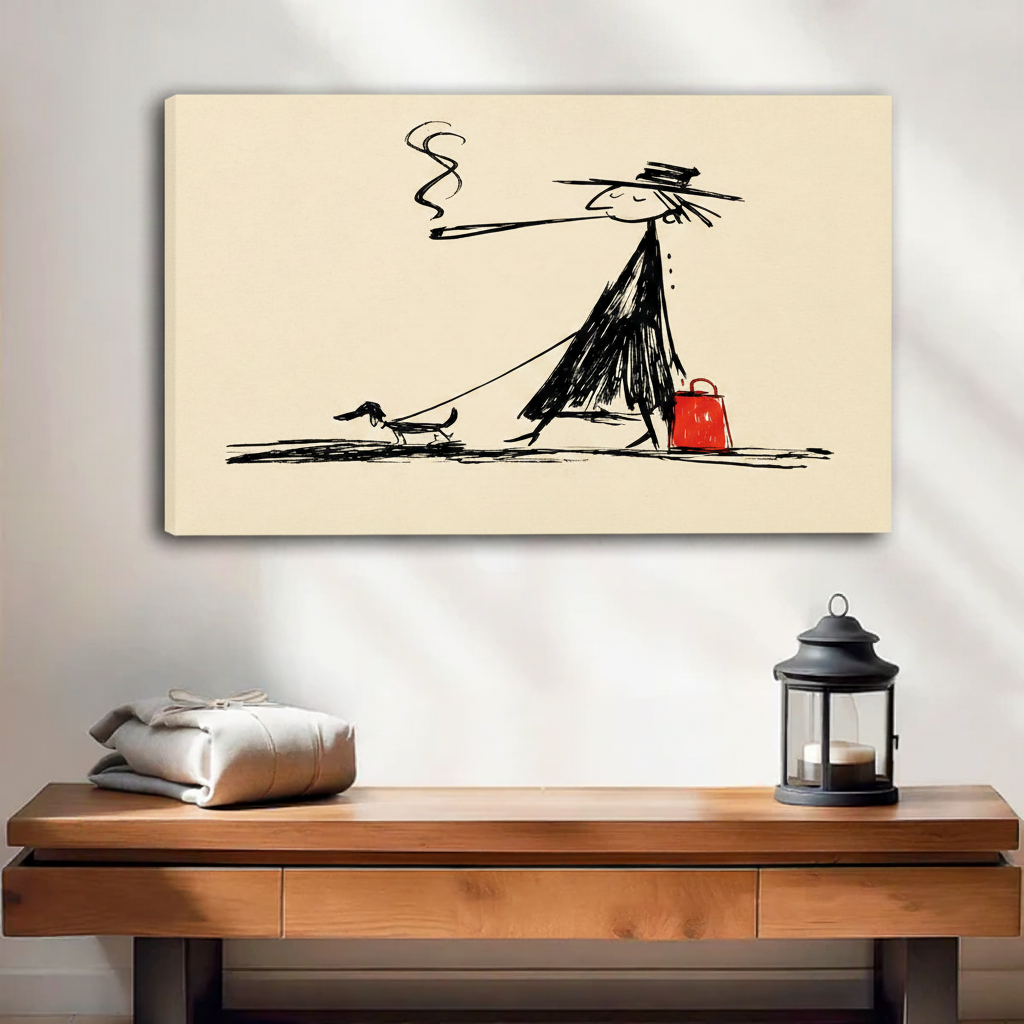 Minimalist black ink sketch woman with red bag walking dog canvas art print above wooden sideboard