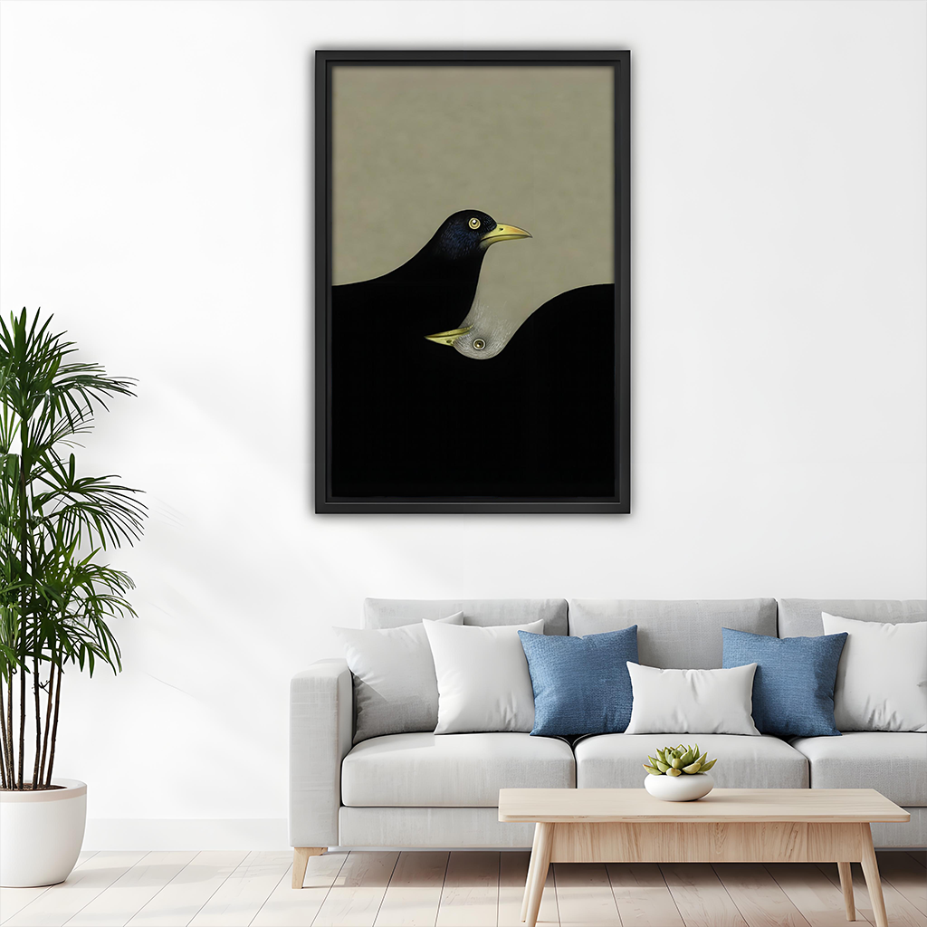 Minimalist surrealist two birds emerging from black framed canvas above white sofa with blue cushions in Scandinavian living room