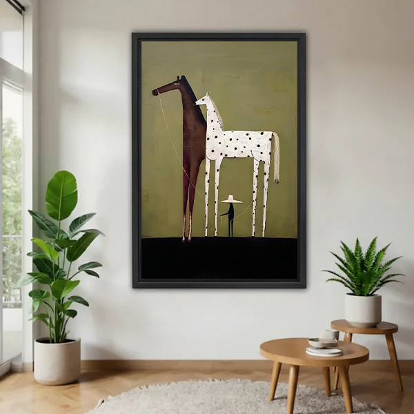 Framed minimalist two horses and figure canvas wall art on olive green background in a modern living room