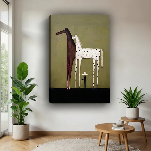 Unframed gallery-wrap minimalist two horses and figure canvas print displayed on a neutral living room wall