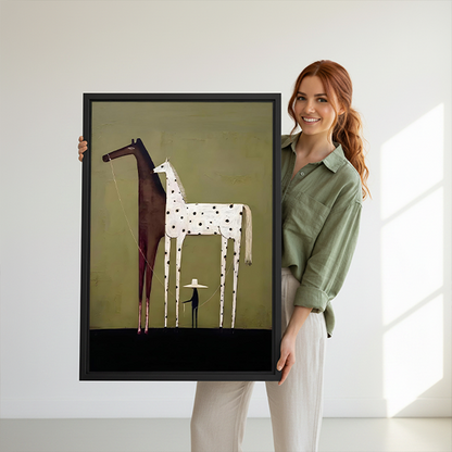 Smiling woman holding large black framed minimalist two horses and figure canvas art print to show scale