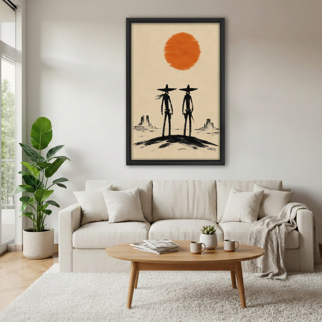 Black-framed minimalist western cowboys canvas wall art above a cream sofa in a bright living room.