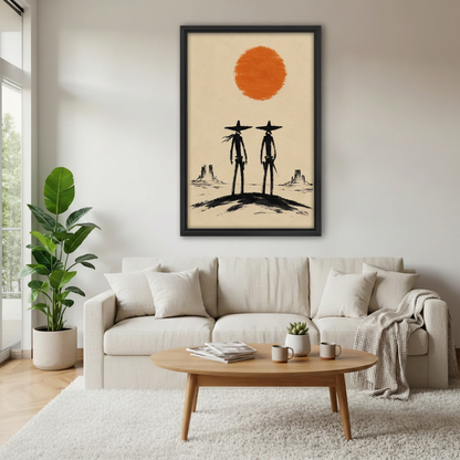 Black-framed minimalist western cowboys canvas wall art above a cream sofa in a bright living room.