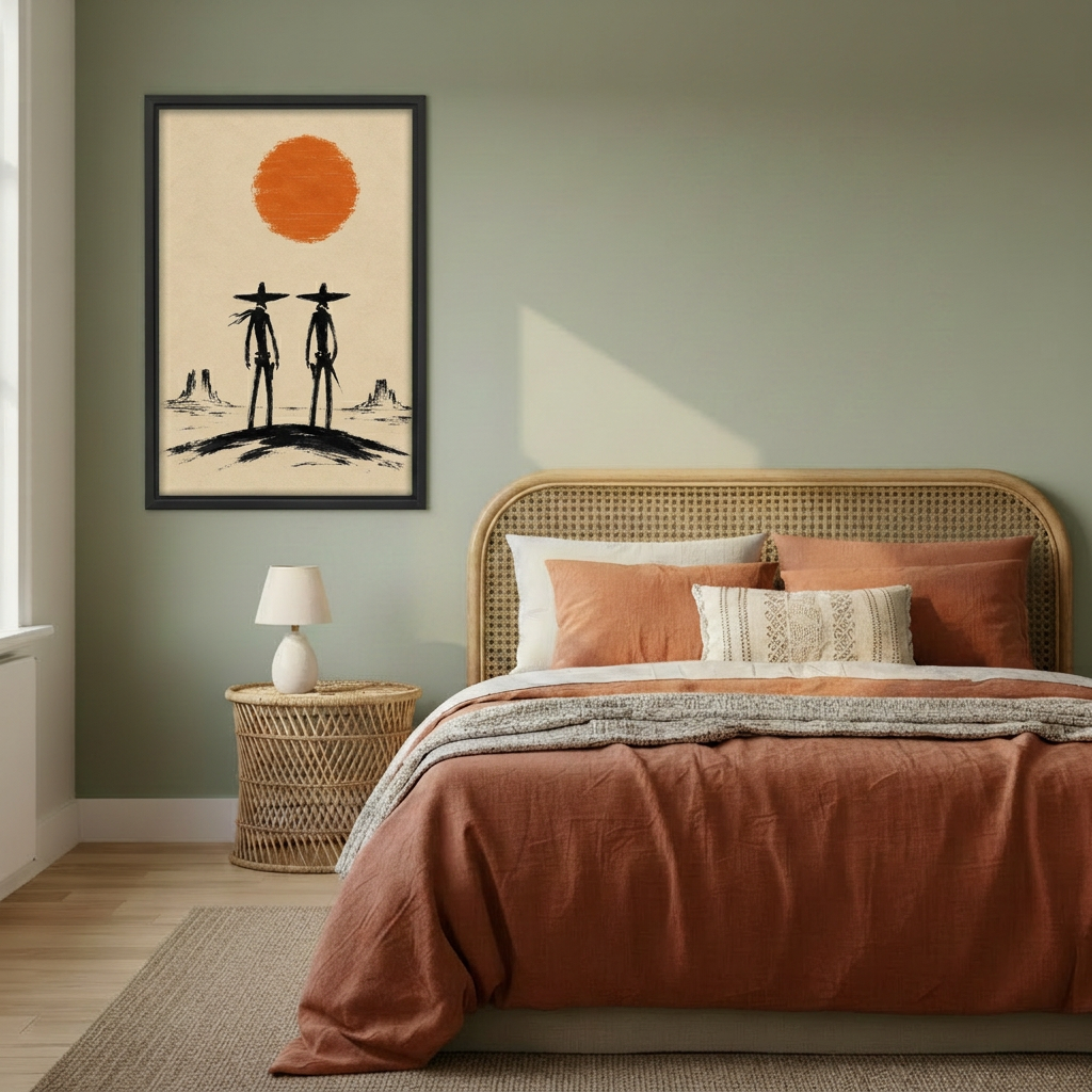 Minimalist western cowboys canvas wall art on a sage green bedroom wall beside a bed with terracotta bedding.