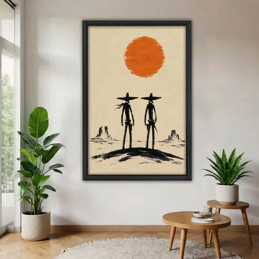 Minimalist western cowboys canvas wall art in a black frame, displayed beside plants and round wooden tables.