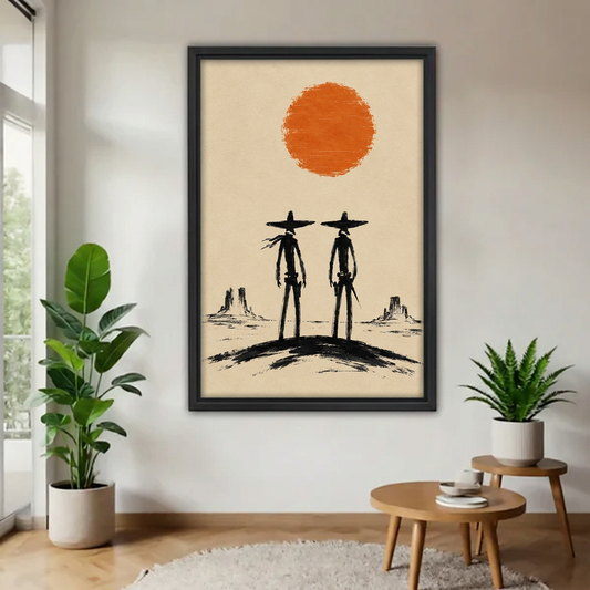 Minimalist western cowboys canvas wall art in a black frame, displayed beside plants and round wooden tables.