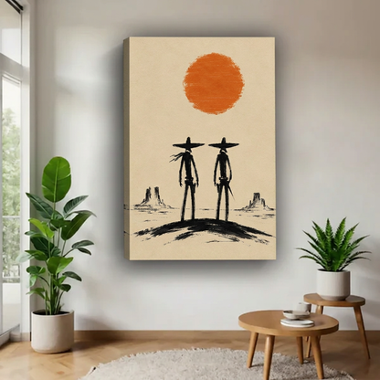 Gallery-wrap minimalist western cowboys canvas wall art featuring two black silhouettes beneath an orange desert sun.