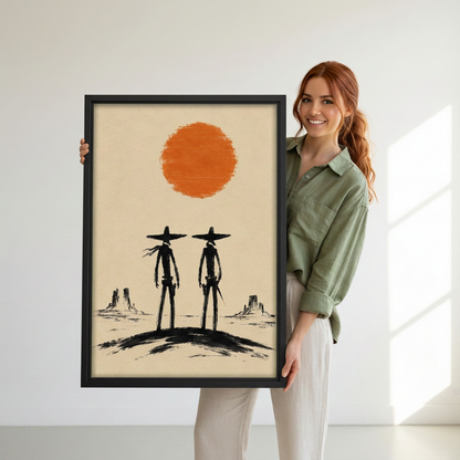 Woman holding black-framed minimalist western cowboys canvas wall art with an orange sun and distant desert mesas.