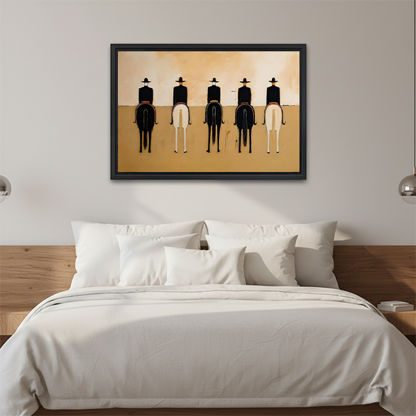 Woman holding framed minimalist western horse riders canvas wall art featuring five silhouetted horseback riders