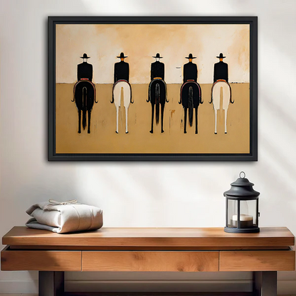 Framed minimalist western horse riders canvas wall art displayed above a wooden console with a lantern